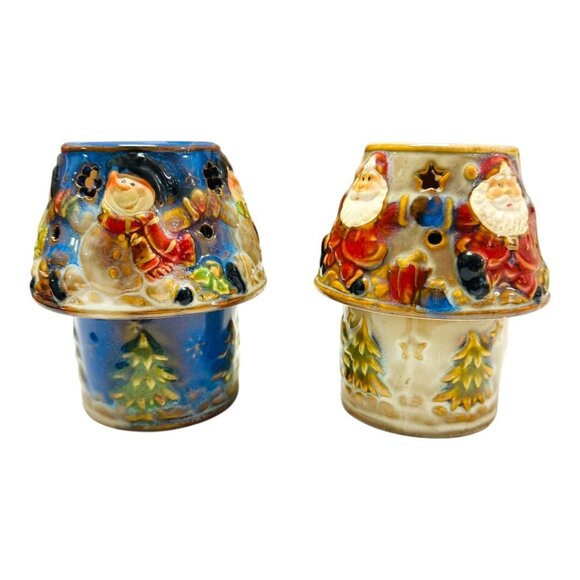 Kirklands Potters Garden Snowman & Santa Tea Light Lamps Hand-Painted Ceramic Vi - Picture 8 of 9